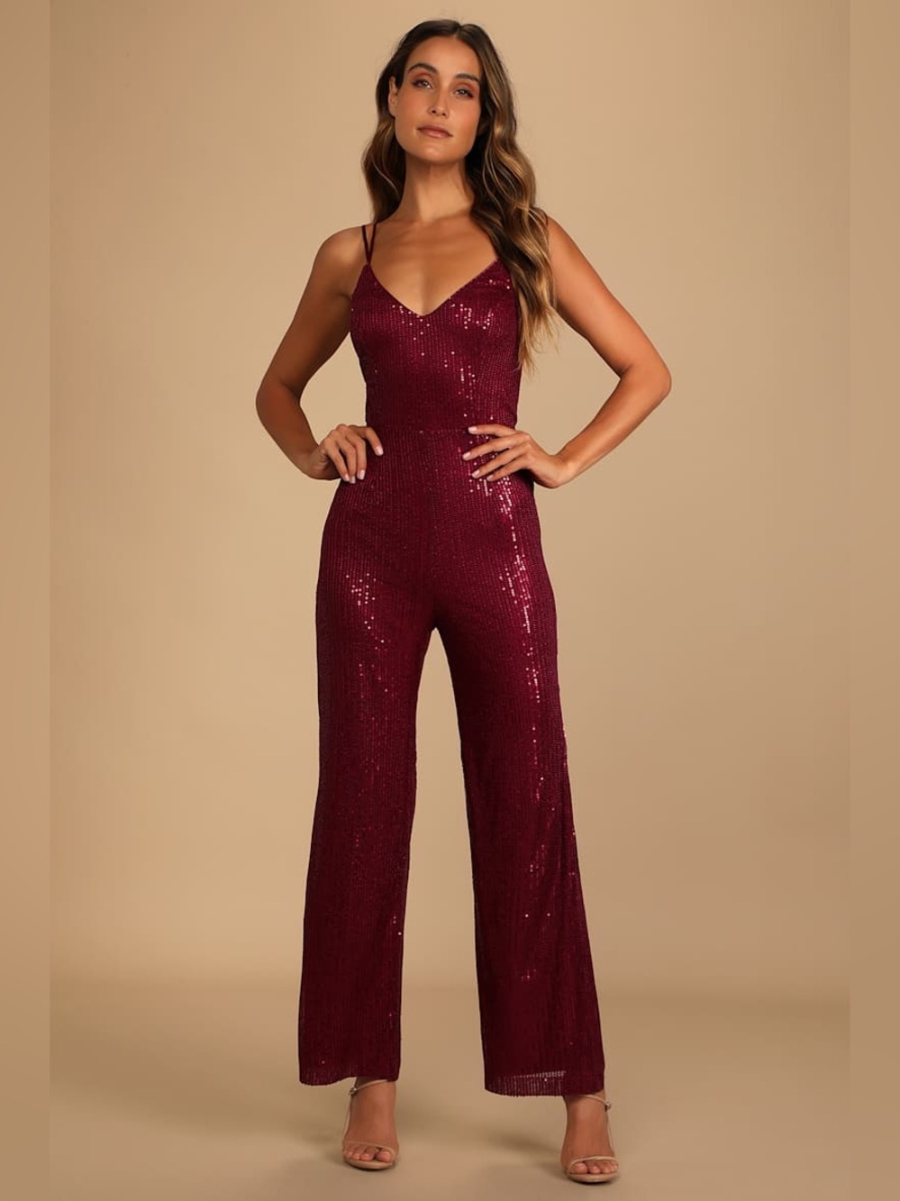 🍷 LULUs Isn't it Iconic Wine Red Sequin Strappy Jumpsuit. Size XS